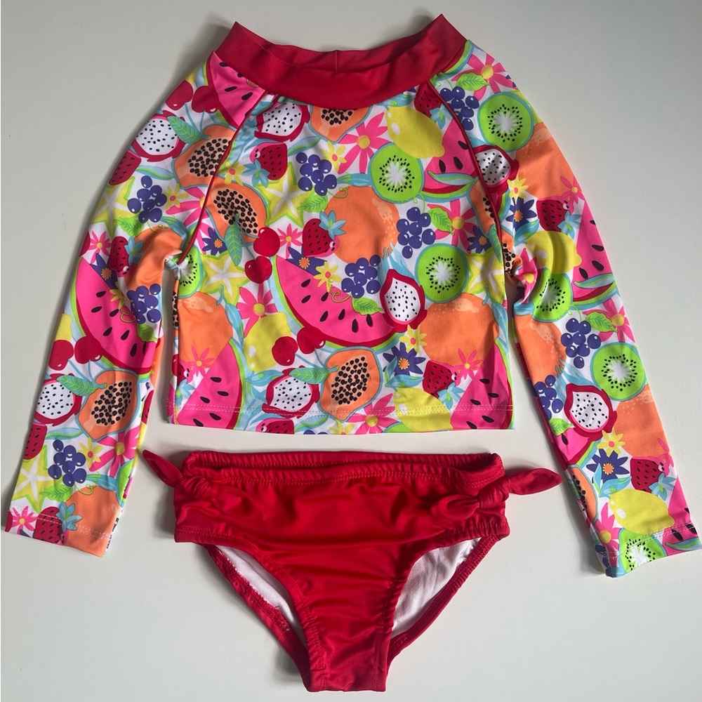 Penelope Mack Girl’s Two-Piece Long Sleeve Rash Guard Tankini Swimsuit - Fruits